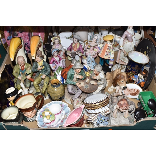 415 - TWO BOXES AND A TRAY OF MOSTLY CERAMIC DECORATIONS to include a group of Royal Doulton Bunnykins bre... 