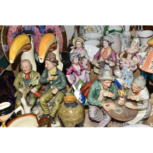 415 - TWO BOXES AND A TRAY OF MOSTLY CERAMIC DECORATIONS to include a group of Royal Doulton Bunnykins bre... 