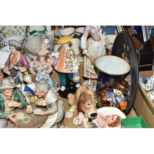 415 - TWO BOXES AND A TRAY OF MOSTLY CERAMIC DECORATIONS to include a group of Royal Doulton Bunnykins bre... 