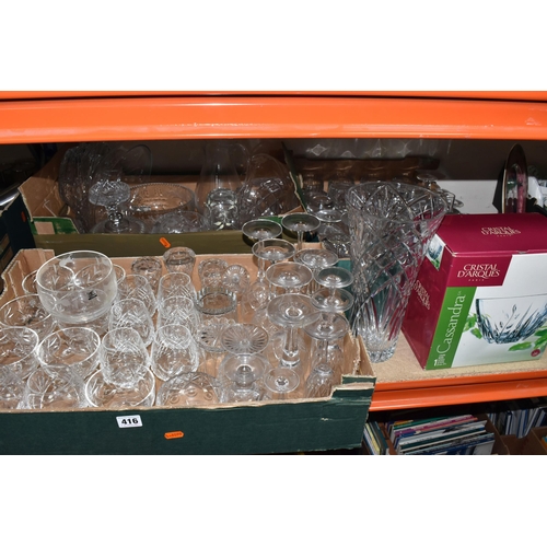 416 - THREE BOXES AND LOOSE GLASSWARE to include a boxed Cristal D'Arques Cassandra bowl, a Gleneagles Cry... 