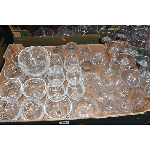 416 - THREE BOXES AND LOOSE GLASSWARE to include a boxed Cristal D'Arques Cassandra bowl, a Gleneagles Cry... 