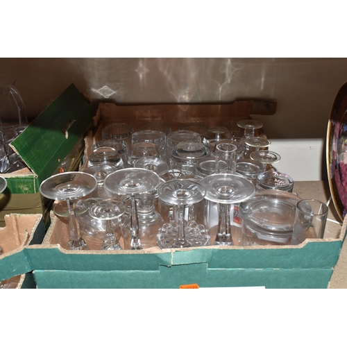 416 - THREE BOXES AND LOOSE GLASSWARE to include a boxed Cristal D'Arques Cassandra bowl, a Gleneagles Cry... 