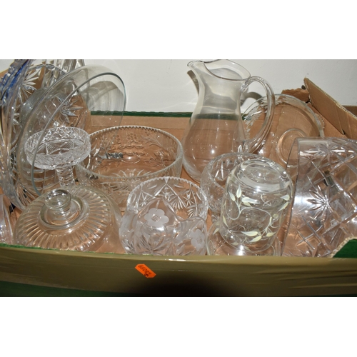 416 - THREE BOXES AND LOOSE GLASSWARE to include a boxed Cristal D'Arques Cassandra bowl, a Gleneagles Cry... 