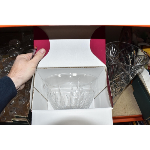 416 - THREE BOXES AND LOOSE GLASSWARE to include a boxed Cristal D'Arques Cassandra bowl, a Gleneagles Cry... 