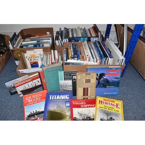 417 - SIX BOXES OF NAVAL / SHIPPING BOOKS containing approximately 130 miscellaneous titles, in hardback o... 