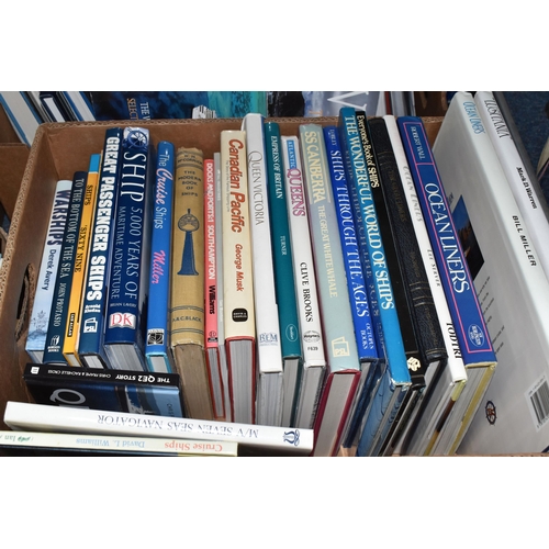 417 - SIX BOXES OF NAVAL / SHIPPING BOOKS containing approximately 130 miscellaneous titles, in hardback o... 