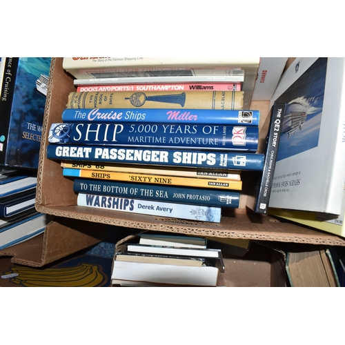 417 - SIX BOXES OF NAVAL / SHIPPING BOOKS containing approximately 130 miscellaneous titles, in hardback o... 