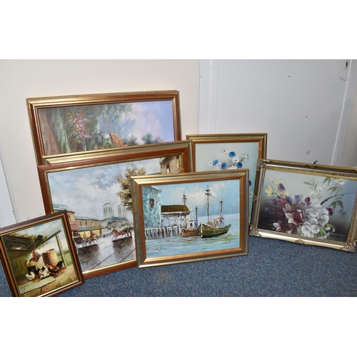 427 - EIGHT LATE 20TH CENTURY OILS ON CANVAS AND BOARD, to include chickens in a yard signed Stephens, a c... 