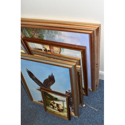 427 - EIGHT LATE 20TH CENTURY OILS ON CANVAS AND BOARD, to include chickens in a yard signed Stephens, a c... 