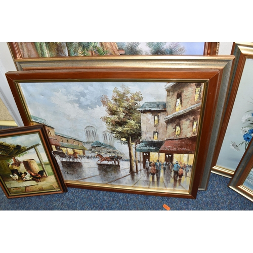 427 - EIGHT LATE 20TH CENTURY OILS ON CANVAS AND BOARD, to include chickens in a yard signed Stephens, a c... 