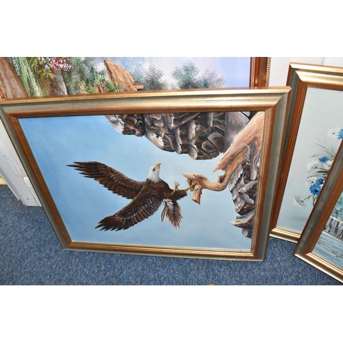 427 - EIGHT LATE 20TH CENTURY OILS ON CANVAS AND BOARD, to include chickens in a yard signed Stephens, a c... 