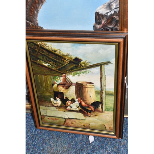 427 - EIGHT LATE 20TH CENTURY OILS ON CANVAS AND BOARD, to include chickens in a yard signed Stephens, a c... 