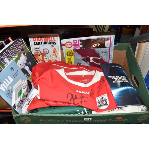 431 - TWO BOXES OF SIGNED FOOTBALL ITEMS, BEN MOSLEY PAINTING, PLAYBOY MAGAZINES, DVDS AND CDS, to include... 