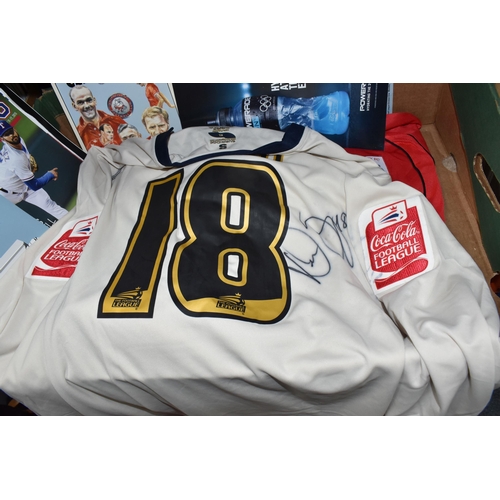 431 - TWO BOXES OF SIGNED FOOTBALL ITEMS, BEN MOSLEY PAINTING, PLAYBOY MAGAZINES, DVDS AND CDS, to include... 