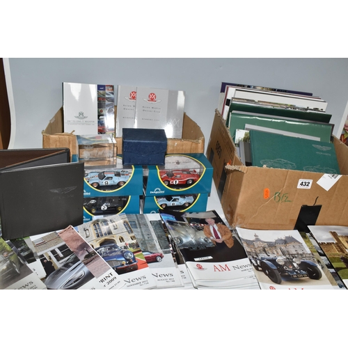 432 - TWO BOXES OF ASTON MARTIN BROCHURES, MAGAZINES, DIECAST VEHICLES AND RELATED ITEMS, to include Aston... 