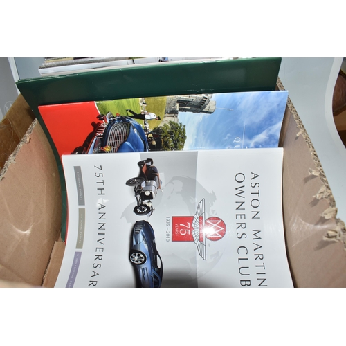 432 - TWO BOXES OF ASTON MARTIN BROCHURES, MAGAZINES, DIECAST VEHICLES AND RELATED ITEMS, to include Aston... 