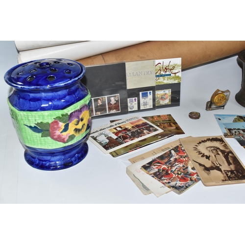 433 - A BOX AND LOOSE METALWARE, EPHEMERA, AND SUNDRY ITEMS, to include a bronze singing bowl, a boxed pai... 