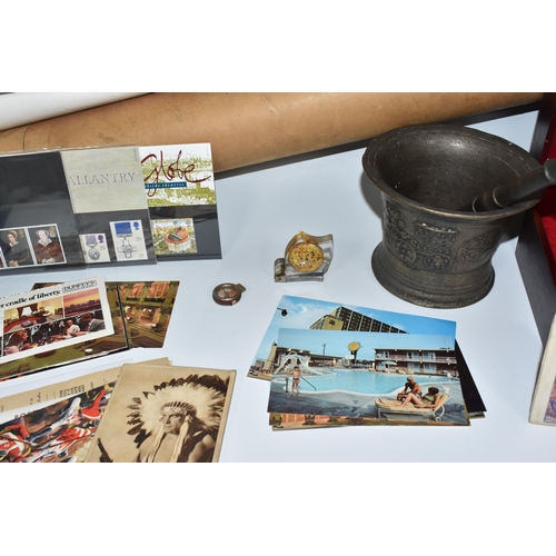 433 - A BOX AND LOOSE METALWARE, EPHEMERA, AND SUNDRY ITEMS, to include a bronze singing bowl, a boxed pai... 