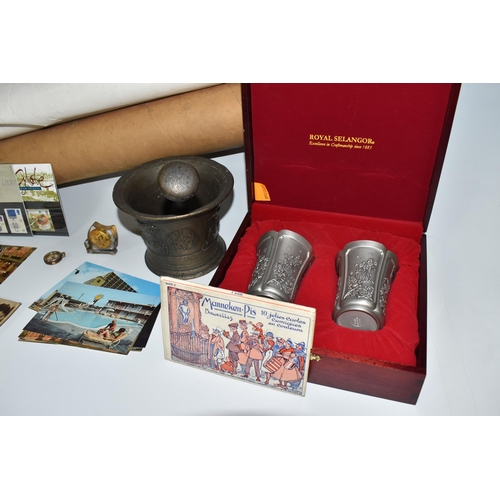 433 - A BOX AND LOOSE METALWARE, EPHEMERA, AND SUNDRY ITEMS, to include a bronze singing bowl, a boxed pai... 