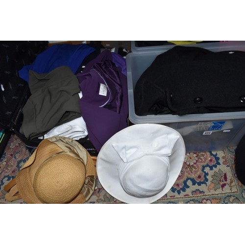 434 - TWO BOXES, A SUITCASE AND LOOSE LADIES' CLOTHING, HATS AND BOOTS, to include coats, jackets and trou... 