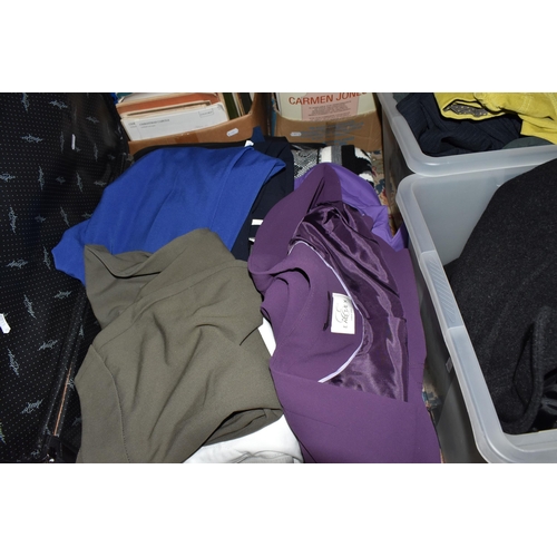 434 - TWO BOXES, A SUITCASE AND LOOSE LADIES' CLOTHING, HATS AND BOOTS, to include coats, jackets and trou... 