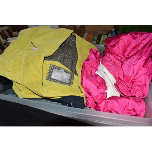 434 - TWO BOXES, A SUITCASE AND LOOSE LADIES' CLOTHING, HATS AND BOOTS, to include coats, jackets and trou... 