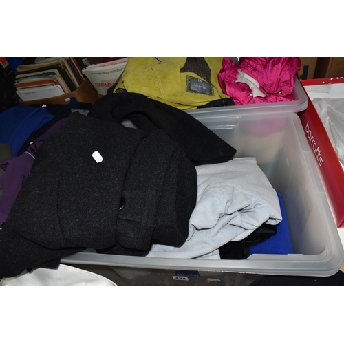 434 - TWO BOXES, A SUITCASE AND LOOSE LADIES' CLOTHING, HATS AND BOOTS, to include coats, jackets and trou... 