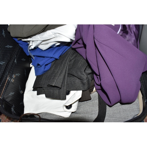 434 - TWO BOXES, A SUITCASE AND LOOSE LADIES' CLOTHING, HATS AND BOOTS, to include coats, jackets and trou... 