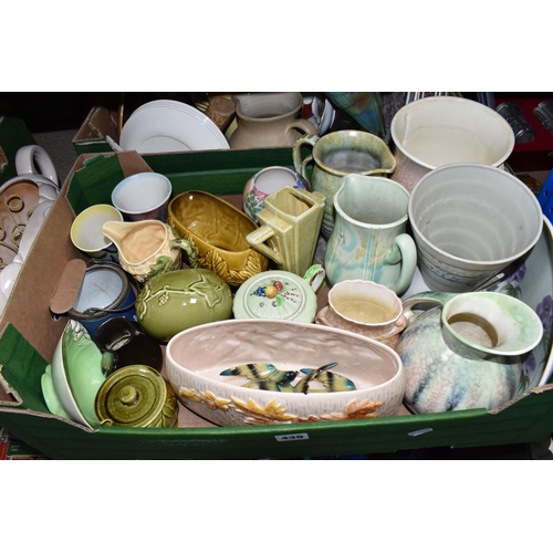 439 - THREE BOXES AND LOOSE CERAMICS, to include a Govancroft twin handled vase with wire floral frog, a S... 