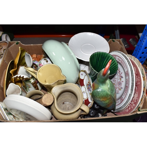 439 - THREE BOXES AND LOOSE CERAMICS, to include a Govancroft twin handled vase with wire floral frog, a S... 