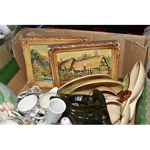 439 - THREE BOXES AND LOOSE CERAMICS, to include a Govancroft twin handled vase with wire floral frog, a S... 