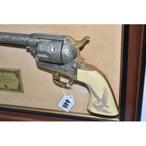 446 - A FRANKLIN MINT LIMITED REPLICA JOHN WAYNE WESTERN COMMEMORATIVE.45 on mounted frame with plaque res... 