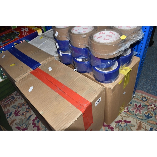 450 - FOUR BOXES AND LOOSE PACKAGING TAPE to include approximately one hundred and fifty rolls of packagin... 