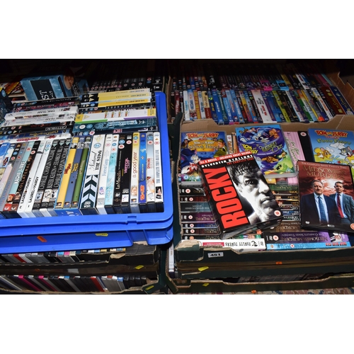 451 - NINE BOXES OF DVDS to include approximately four hundred and fifty films, boxsets, and TV shows to a... 