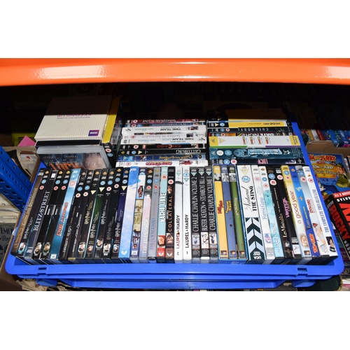 451 - NINE BOXES OF DVDS to include approximately four hundred and fifty films, boxsets, and TV shows to a... 