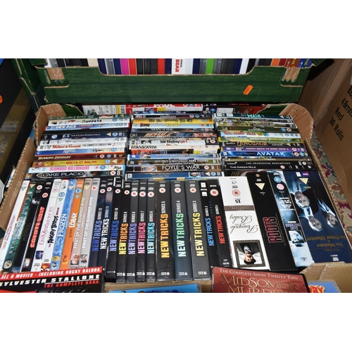 451 - NINE BOXES OF DVDS to include approximately four hundred and fifty films, boxsets, and TV shows to a... 