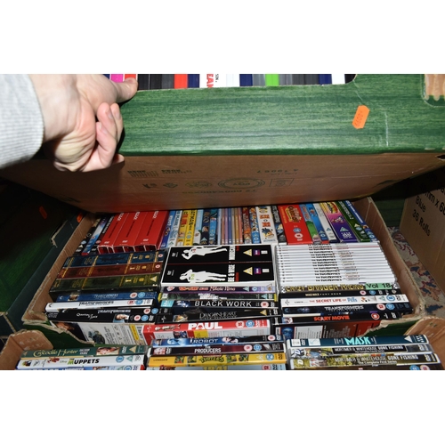 451 - NINE BOXES OF DVDS to include approximately four hundred and fifty films, boxsets, and TV shows to a... 