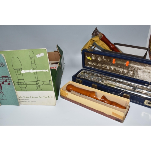 452 - A BOX AND LOOSE WIND INSTRUMENTS AND SHEET MUSIC to include a cased Boosey and Hawkes 'Emperor' flut... 