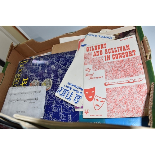 452 - A BOX AND LOOSE WIND INSTRUMENTS AND SHEET MUSIC to include a cased Boosey and Hawkes 'Emperor' flut... 