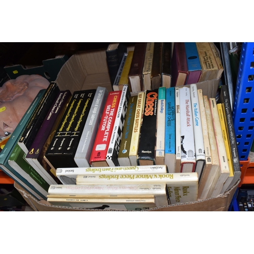 454 - TWO BOXES OF BOOKS to include a box of approximately thirty chess related books mostly published by ... 