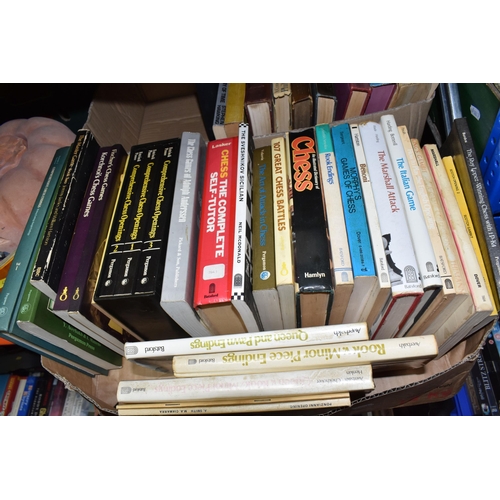 454 - TWO BOXES OF BOOKS to include a box of approximately thirty chess related books mostly published by ... 