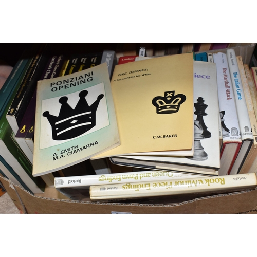 454 - TWO BOXES OF BOOKS to include a box of approximately thirty chess related books mostly published by ... 