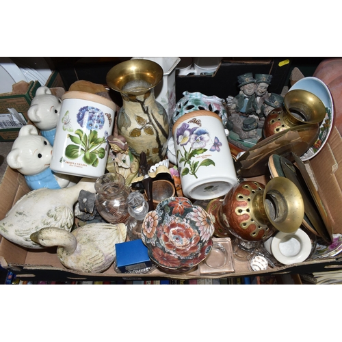 455 - FOUR BOXES AND LOOSE CERAMICS AND SUNDRY ITEMS, to include a quantity of Indian enamelled brass vase... 