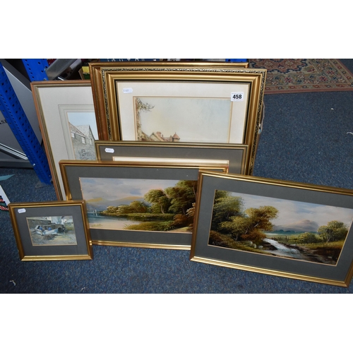 458 - A SMALL QUANTITY OF PICTURES, comprising  a fishing scene watercolour signed and dated Charles F. Hu... 