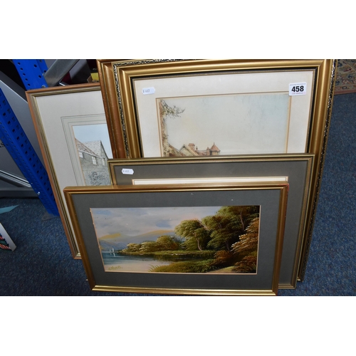 458 - A SMALL QUANTITY OF PICTURES, comprising  a fishing scene watercolour signed and dated Charles F. Hu... 