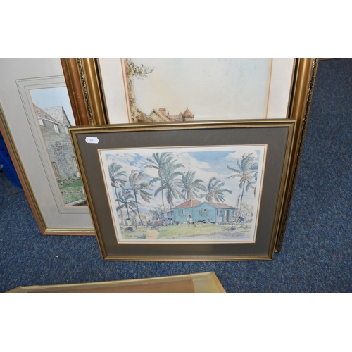 458 - A SMALL QUANTITY OF PICTURES, comprising  a fishing scene watercolour signed and dated Charles F. Hu... 