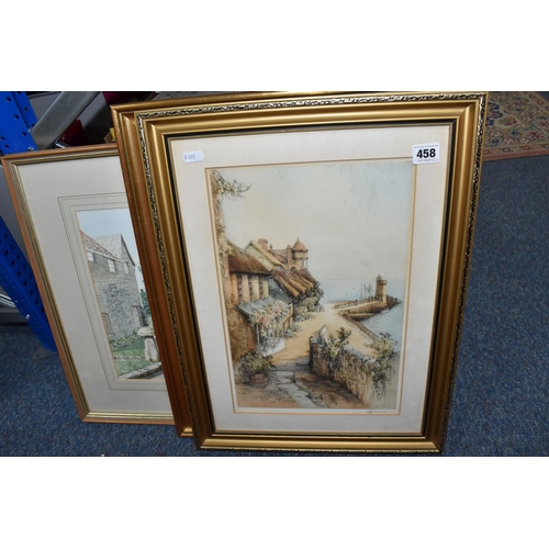 458 - A SMALL QUANTITY OF PICTURES, comprising  a fishing scene watercolour signed and dated Charles F. Hu... 