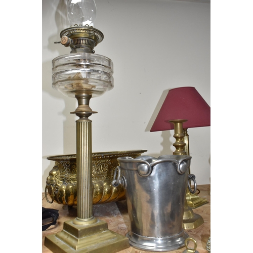 459 - A QUANTIITY OF METALWARE, to include an antique Hink's Duplex oil lamp, brass columnar, No. 2, glass... 