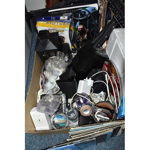 463 - FIVE BOXES AND LOOSE OF MISCELLANEOUS ITEMS, to include a large grey kitchen bin, a metal Christmas ... 