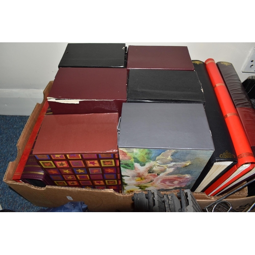 463 - FIVE BOXES AND LOOSE OF MISCELLANEOUS ITEMS, to include a large grey kitchen bin, a metal Christmas ... 